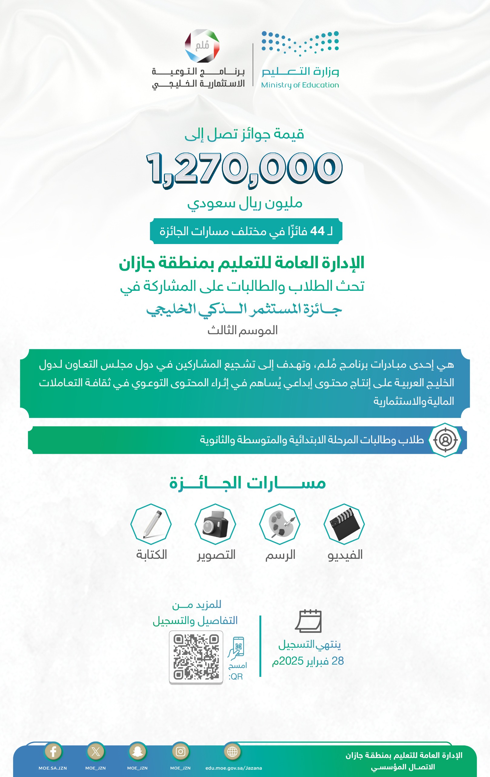 تعليم جازان يحث الطلاب والطالبات على المشاركة في جائزة المستثمر الذكي الخليجي