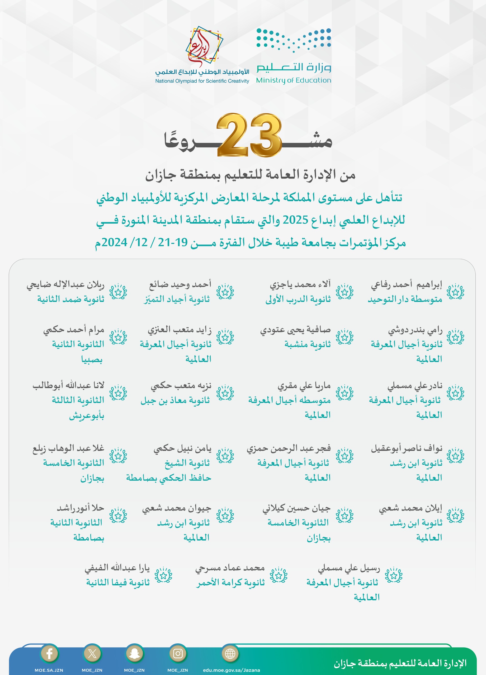 23 مشروعًا من تعليم جازان تتأهل لمعارض إبداع 2025 على مستوى المملكة