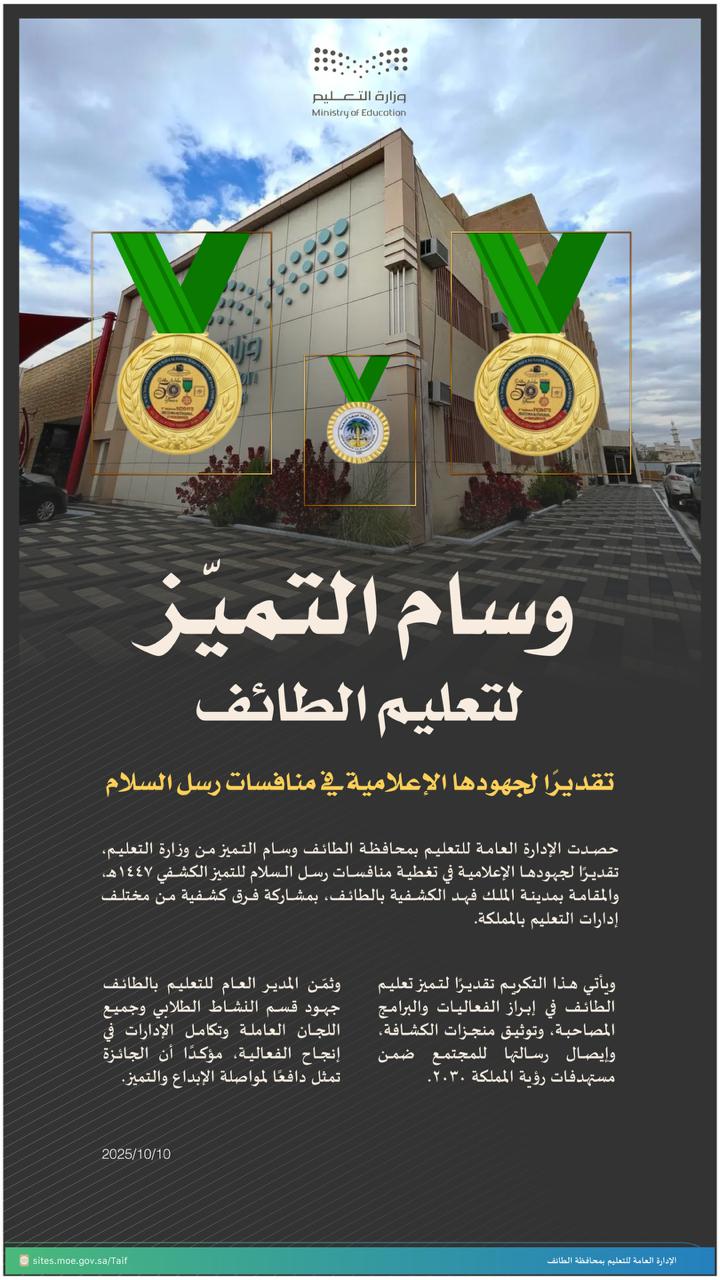 وسام التميز لتعليم الطائف تقديراً للجهود الإعلامية  في منافسات رسل السلام للتميز الكشفي