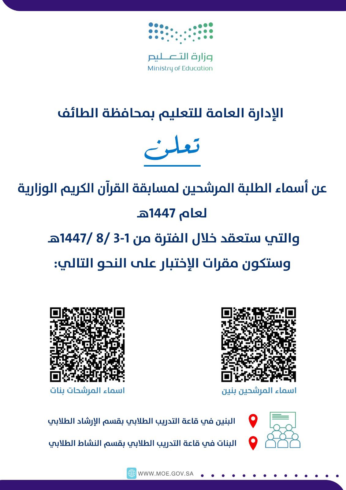 تعليم الطائف تعلن أسماء الطلاب والطالبات المرشحين لمسابقة القرآن الكريم