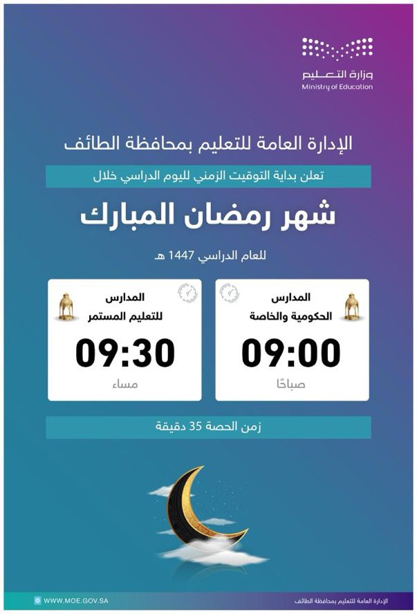 تعليم الطائف يعتمد توقيت اليوم الدراسي في شهر رمضان المبارك