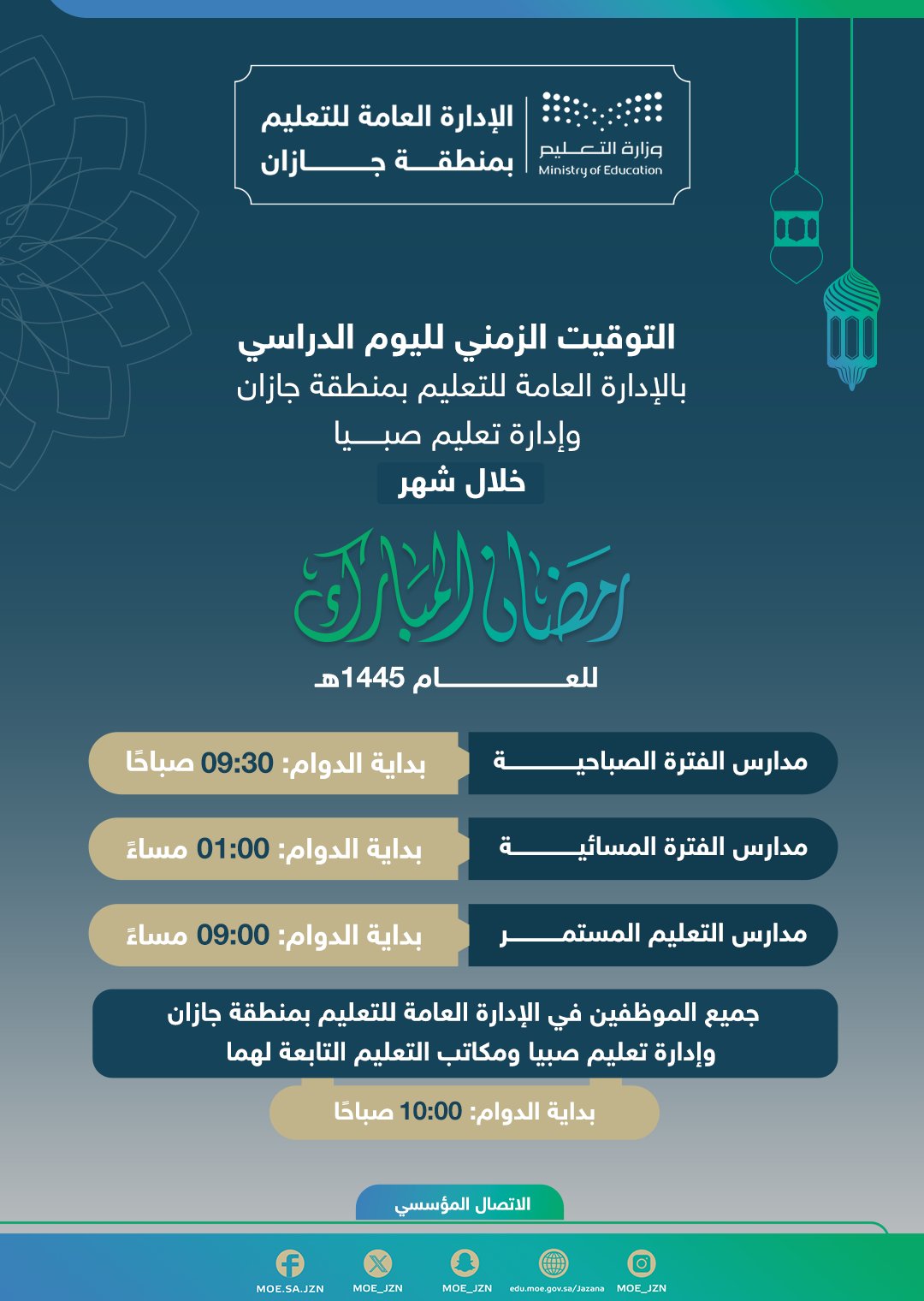 "تعليم جازان" يعتمد التوقيت الزمني لبدء اليوم الدراسي لشهر رمضان المبارك