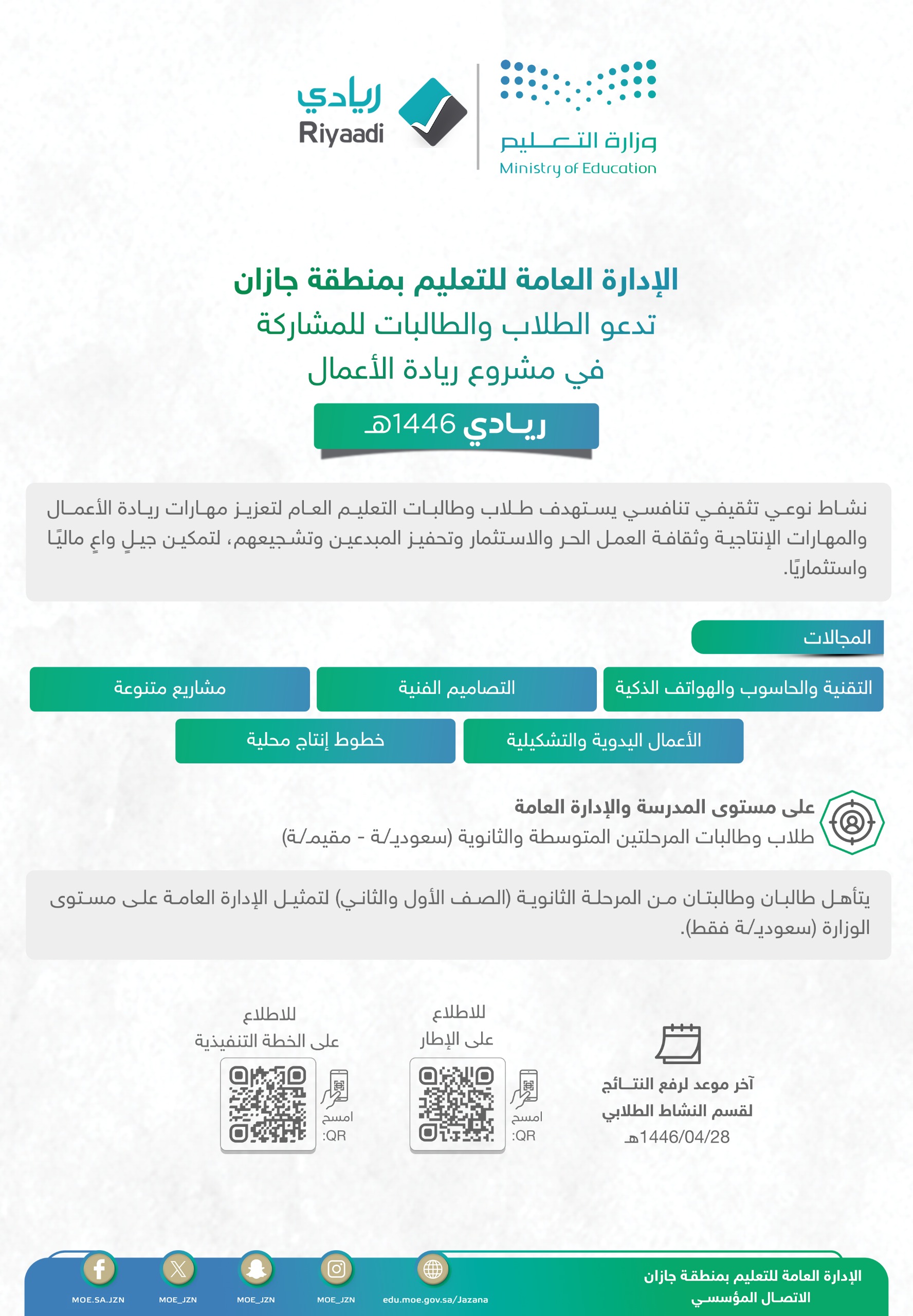 تعليم جازان يدعو الطلبة للمشاركة في المشروع التثقيفي "ريادي"