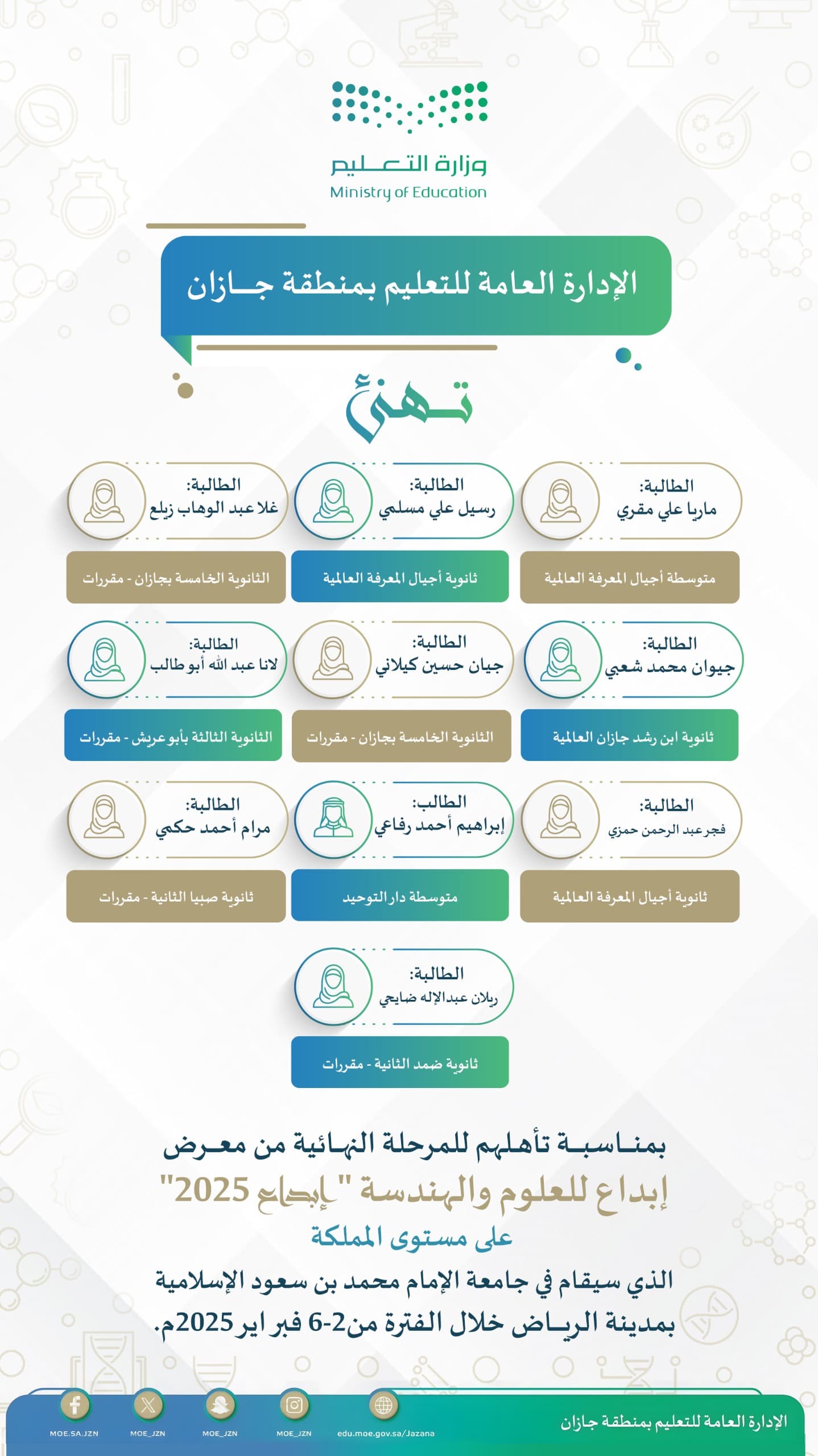 تأهل 10 طلبة من تعليم جازان إلى المرحلة النهائية من معرض إبداع 2025