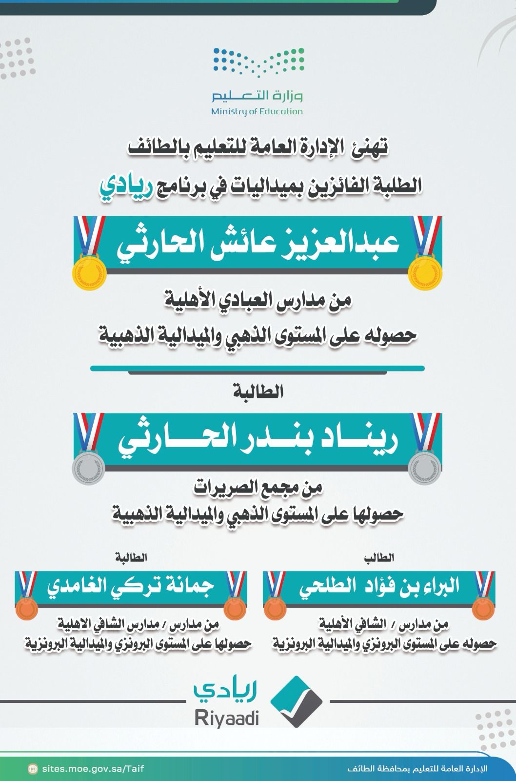 طلاب وطالبات تعليم الطائف يحصدون ميداليات في برنامج “ريادي” على مستوى المملكة